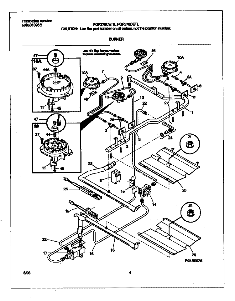 BURNER Diagram and Parts List for FGF376CETL  Frigidaire Range