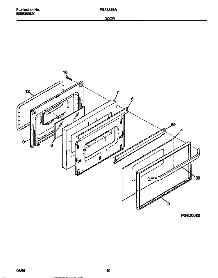DOOR Diagram and Parts List for FGF333BAWE  Frigidaire Range