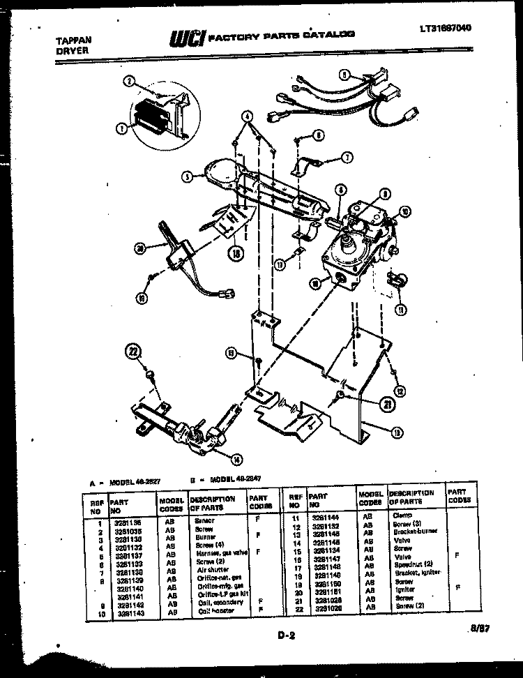 BURNER, IGNITER AND VALVE Diagram and Parts List for 49-2827-23-01  Tappan Dryer