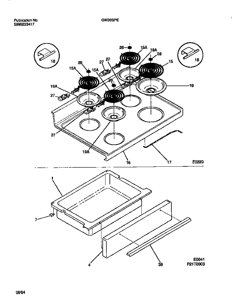 TOP / DRAWER Diagram and Parts List for GW30SPEA2  Frigidaire Range