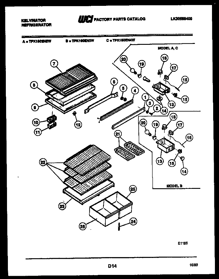 SHELVES AND SUPPORTS Diagram and Parts List for TPK160EN2D  Kelvinator Refrigerator