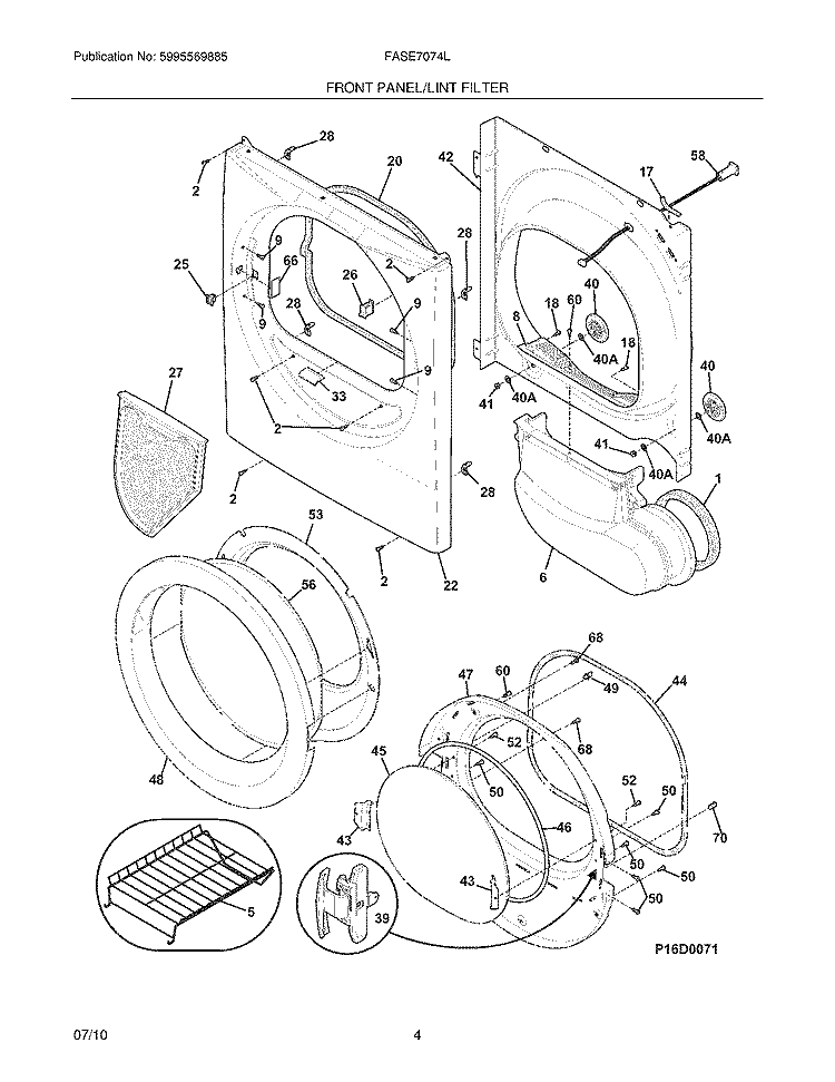 FRONT PANEL/LINT FILTER Diagram and Parts List for FASE7074LA0  Frigidaire Dryer