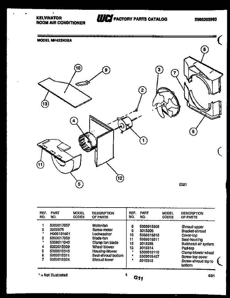 AIR HANDLING PARTS Diagram and Parts List for MH423H2SA  Kelvinator Air Conditioner