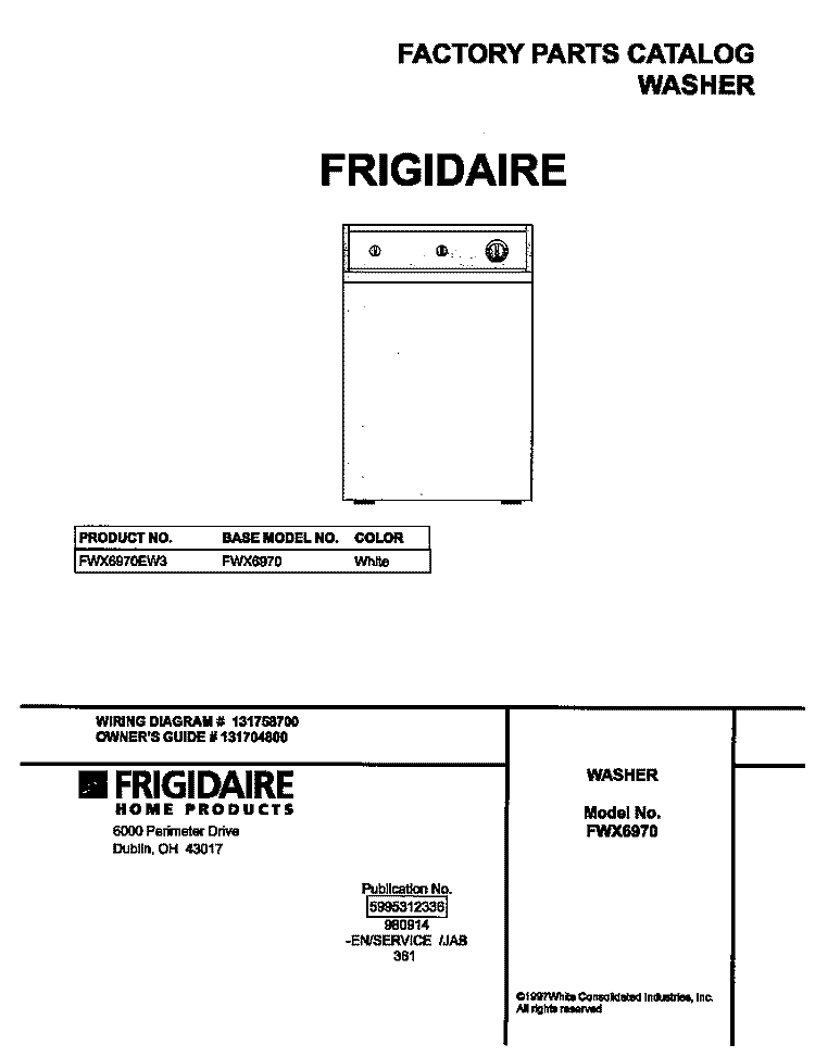 COVER Diagram and Parts List for FWX6970EW3  Frigidaire Washer