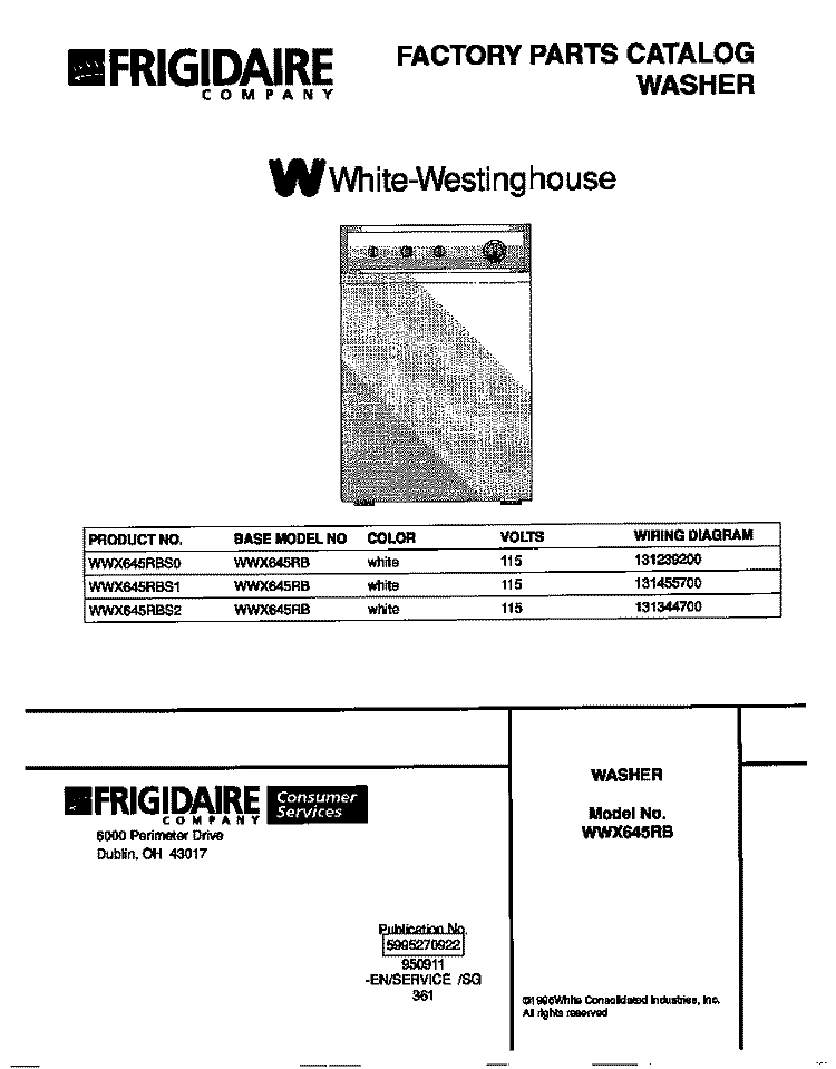 COVER Diagram and Parts List for WWX645RBS1  Frigidaire Washer