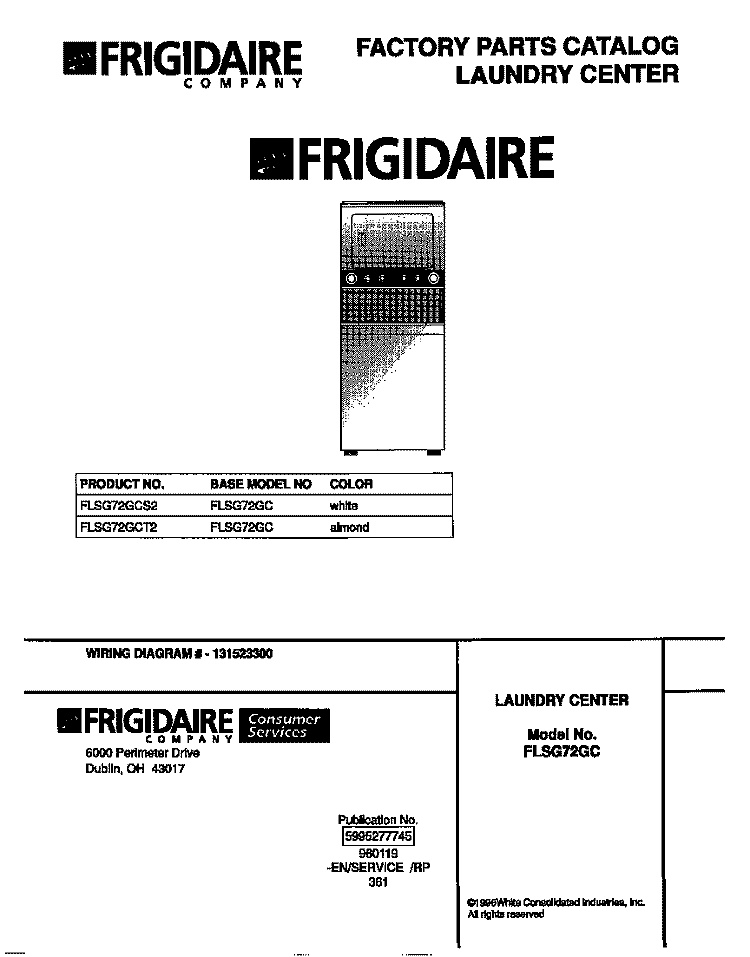 COVER Diagram and Parts List for FLSG72GCS2  Frigidaire Washer Dryer Combo