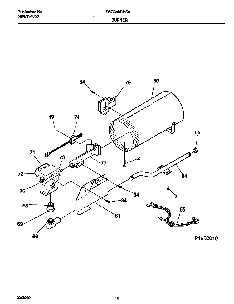 P16B0010 BURNER, VALVE Diagram and Parts List for FSG346RHS0  Frigidaire Dryer