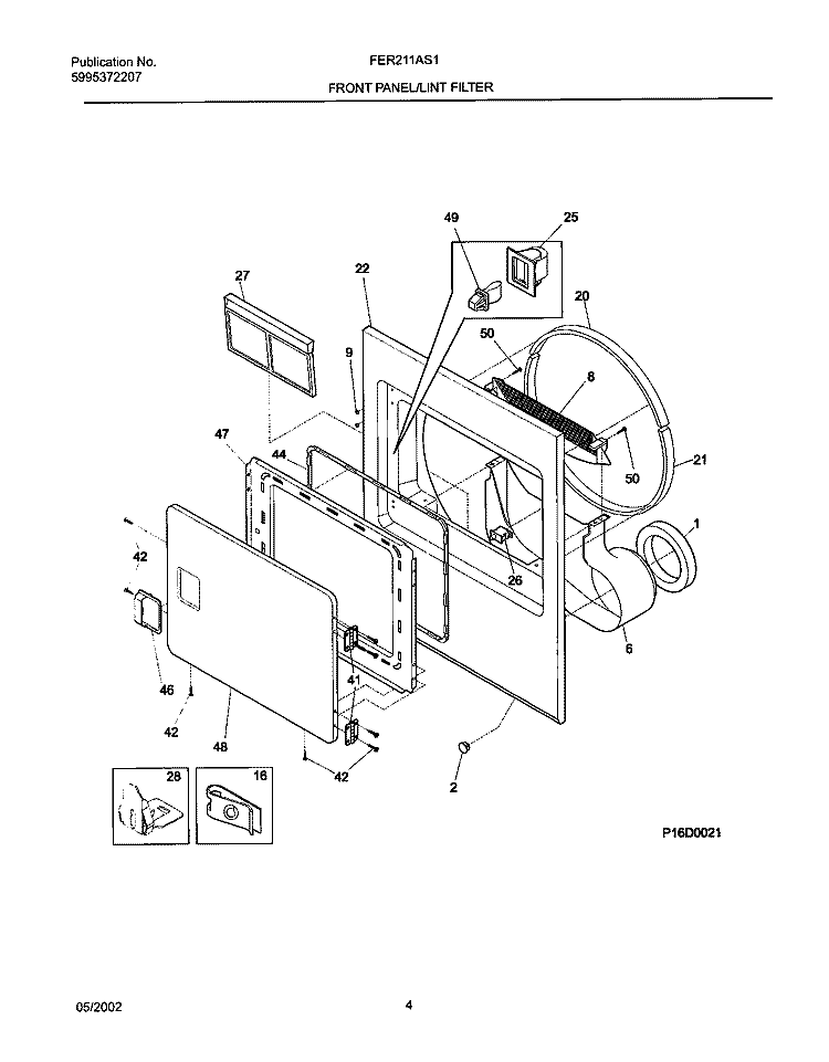 FRNT PNL, DOOR Diagram and Parts List for FER211AS1  Frigidaire Dryer