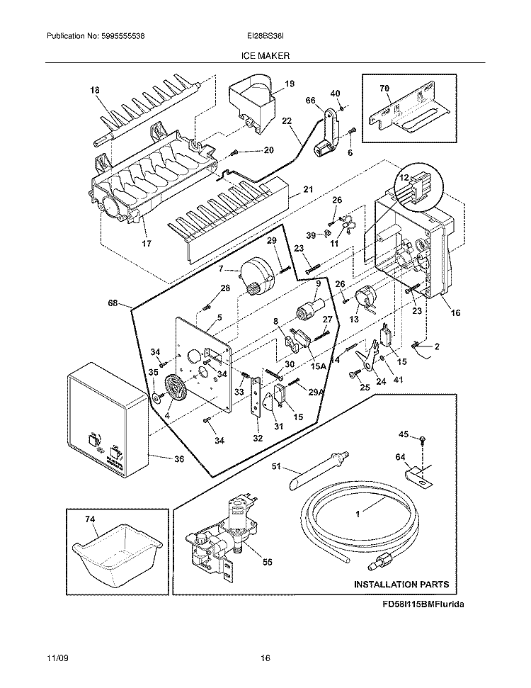 ICE MAKER Diagram and Parts List for EI28BS36IB0  Electrolux Refrigerator
