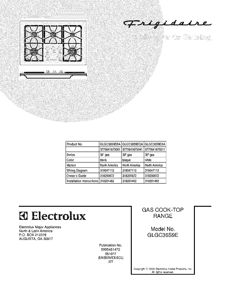 COVER Diagram and Parts List for GLGC36S9EQA  Frigidaire Cooktop