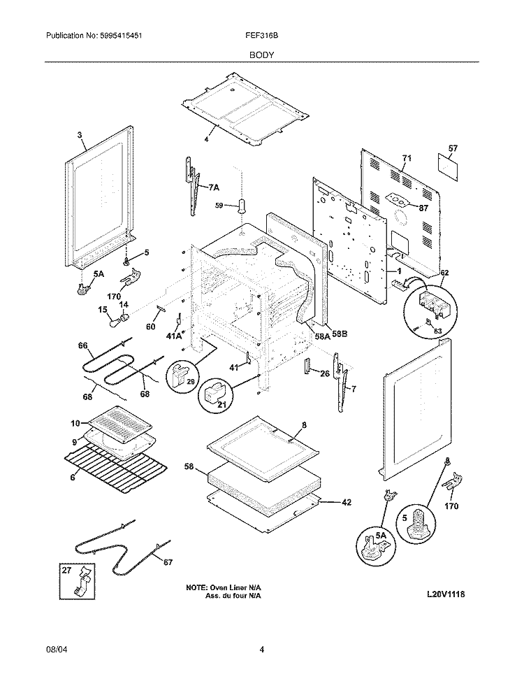 BODY Diagram and Parts List for FEF316BSD  Frigidaire Range