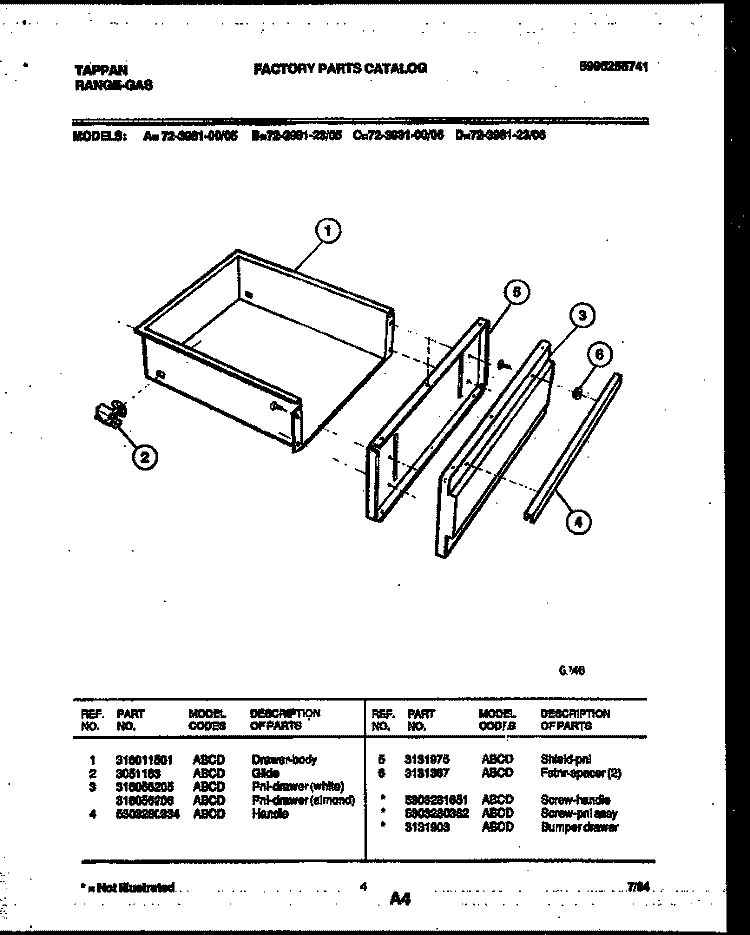 DRAWER PARTS Diagram and Parts List for 72-3981-00-06  Tappan Range