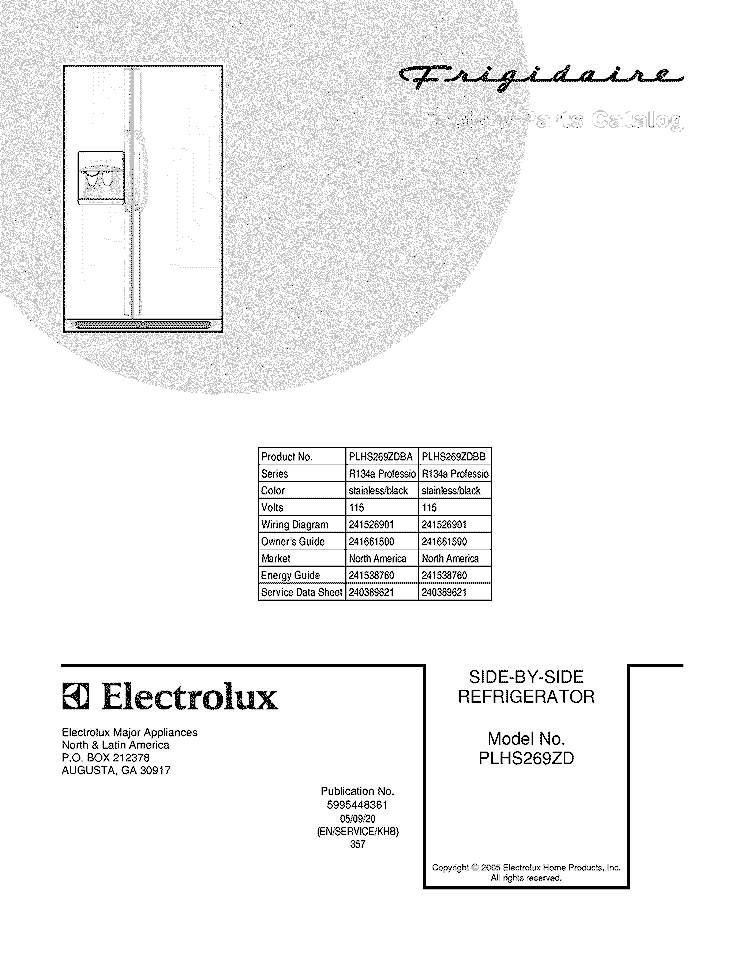COVER Diagram and Parts List for PLHS269ZDBB  Frigidaire Refrigerator