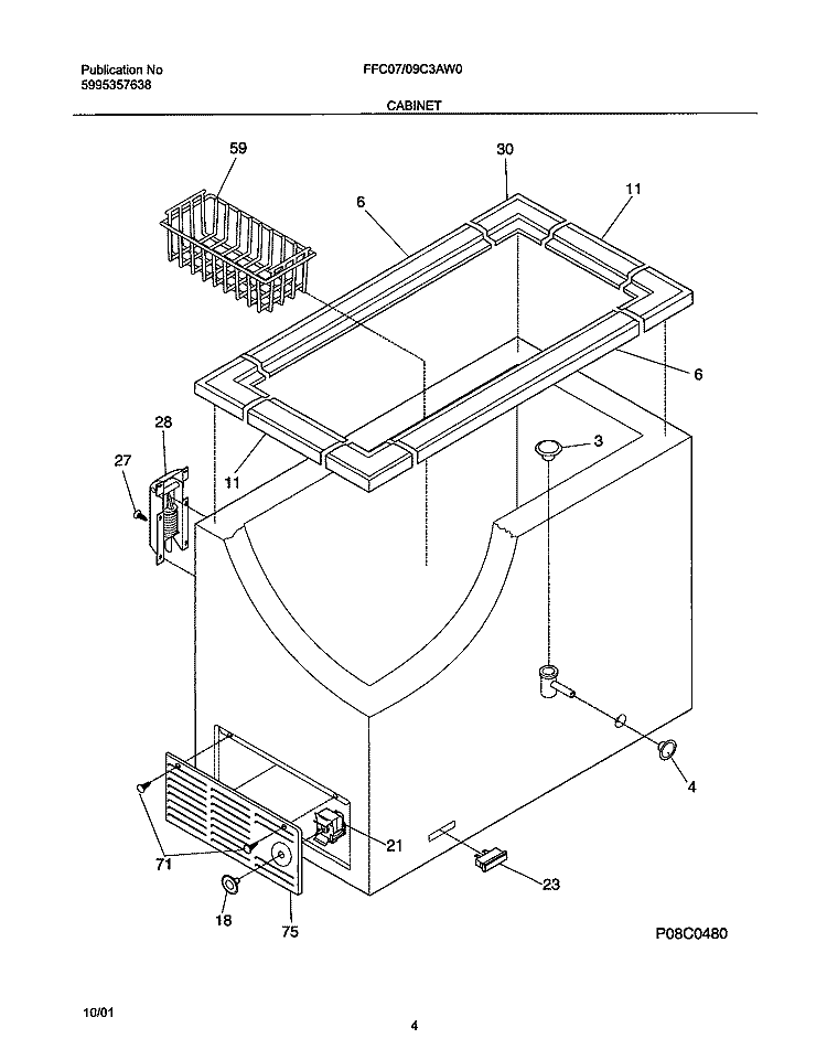 CABINET Diagram and Parts List for FFC07C3AW0  Frigidaire Freezer