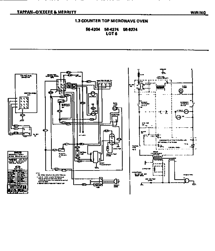 WIRING Diagram and Parts List for 56-4204-10-03  Tappan Microwave