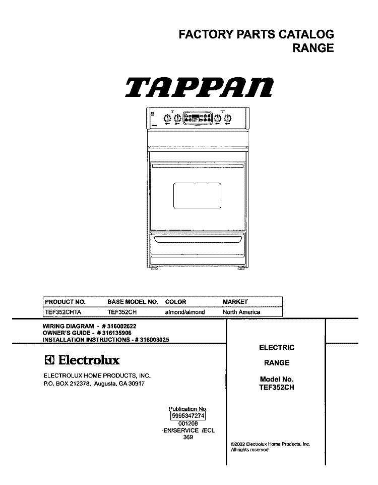 COVER Diagram and Parts List for TEF352CHTA  Tappan Range