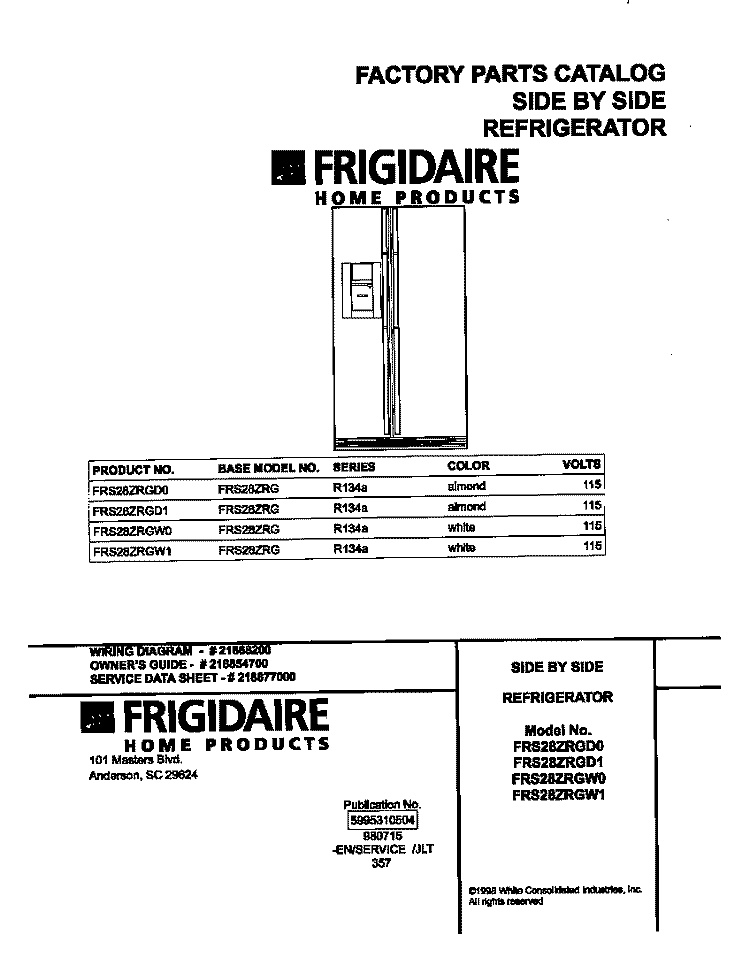 COVER Diagram and Parts List for FRS28ZRGD0  Frigidaire Refrigerator