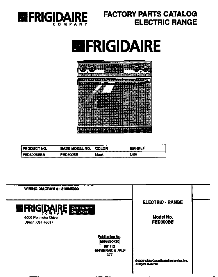 COVER Diagram and Parts List for FED300BEBB  Frigidaire Range