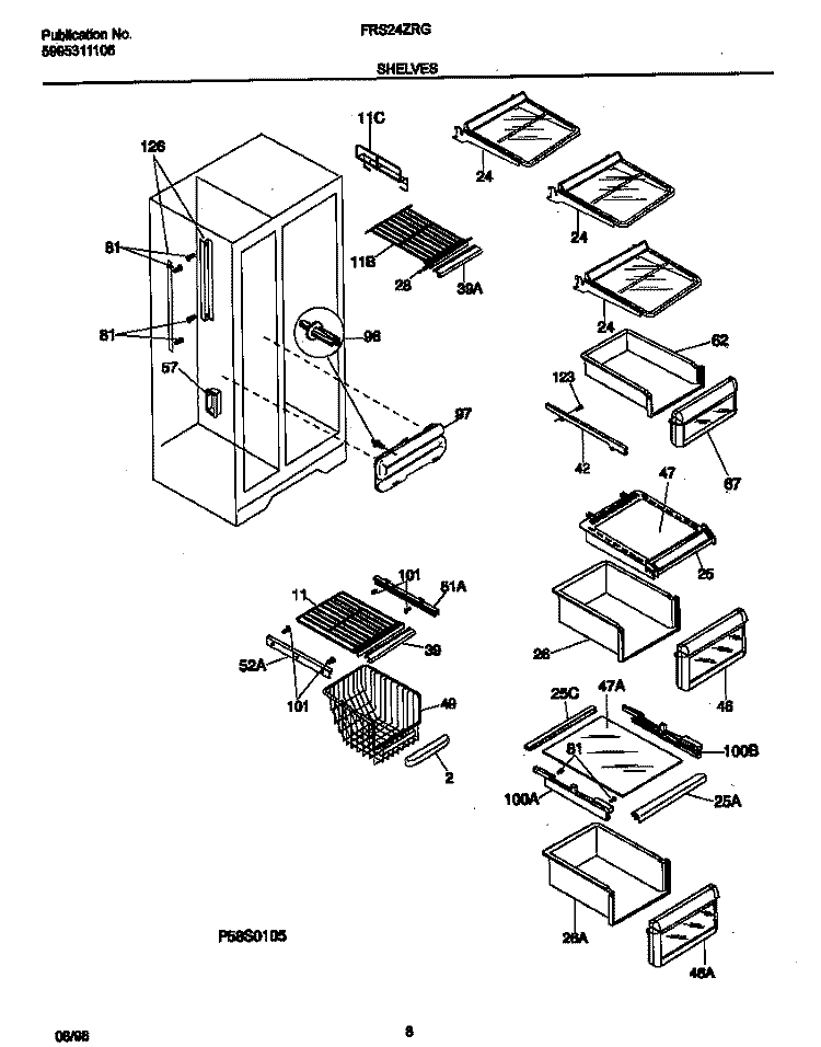 SHELVES Diagram and Parts List for FRS24ZRGW0  Frigidaire Refrigerator