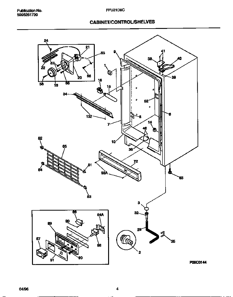 CABINET / CONTROLS / SHELVES Diagram and Parts List for FFU21D9CW2  Frigidaire Freezer