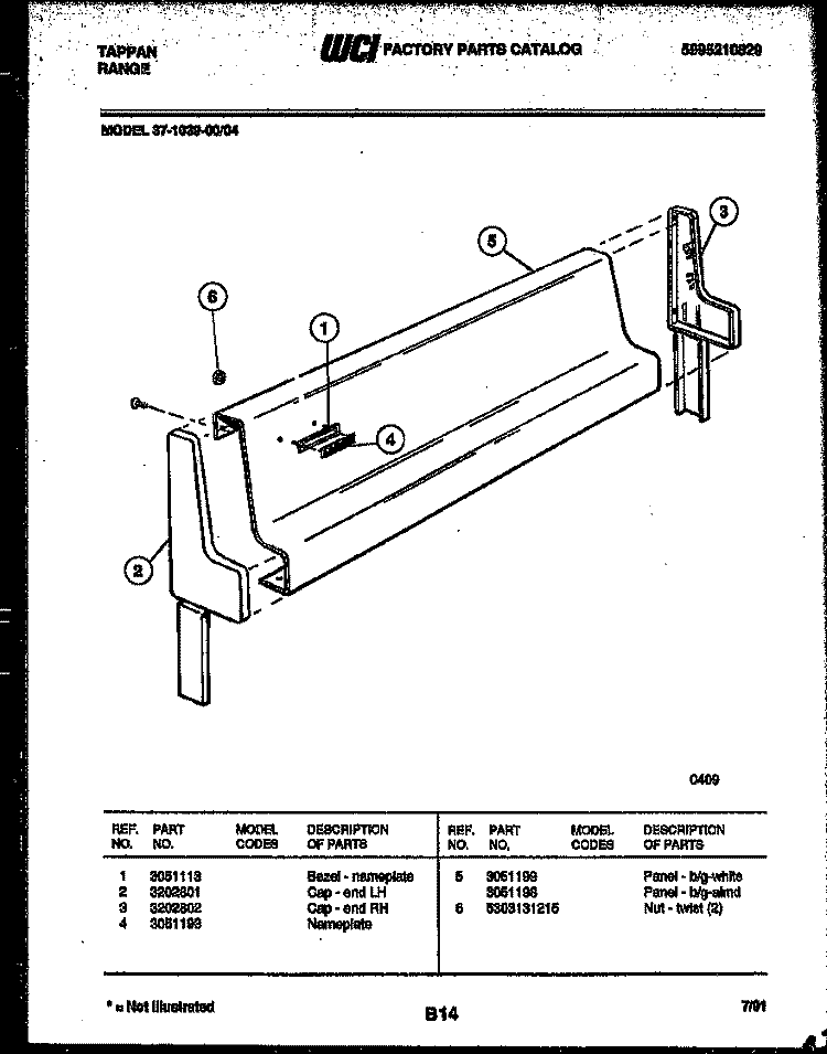 BACKGUARD Diagram and Parts List for 37-1039-00-04  Tappan Range