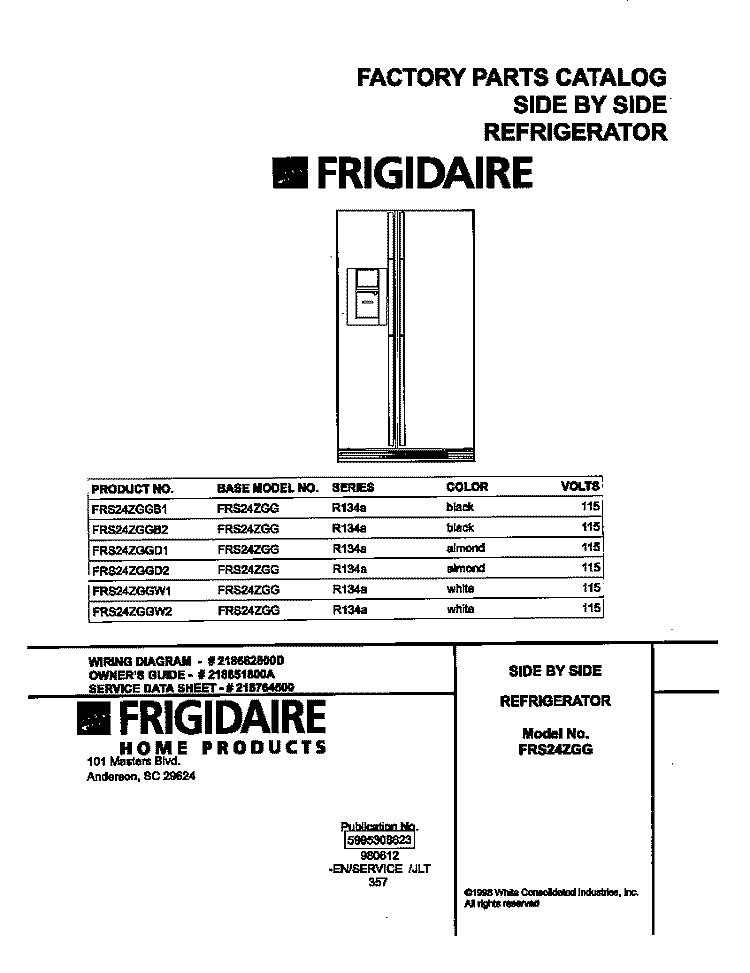COVER Diagram and Parts List for FRS24ZGGB1  Frigidaire Refrigerator