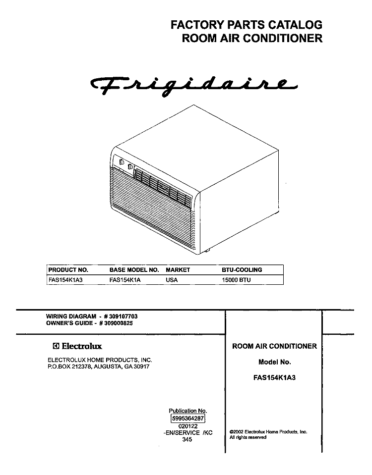 COVER Diagram and Parts List for FAS154K1A3  Frigidaire Air Conditioner