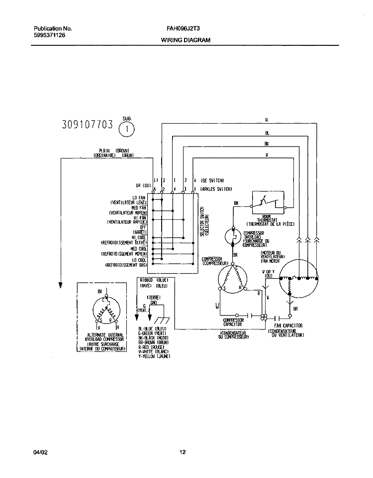 WIRING DIAGRAM Diagram and Parts List for FAH096J2T3  Frigidaire Air Conditioner