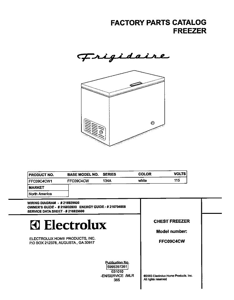 COVER Diagram and Parts List for FFC09C4CW1  Frigidaire Freezer
