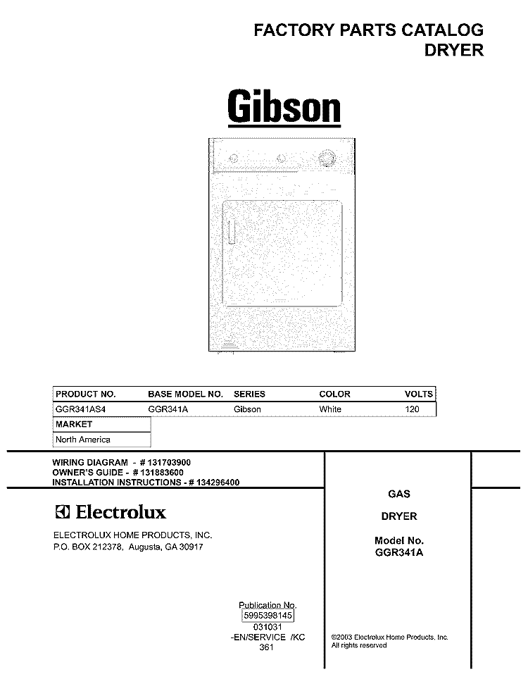 COVER Diagram and Parts List for GGR341AS4  Gibson Dryer