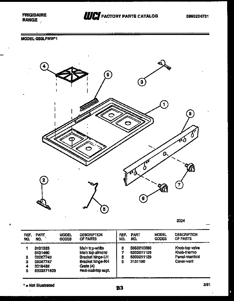 COOKTOP PARTS Diagram and Parts List for G30LPNL1  Frigidaire Range