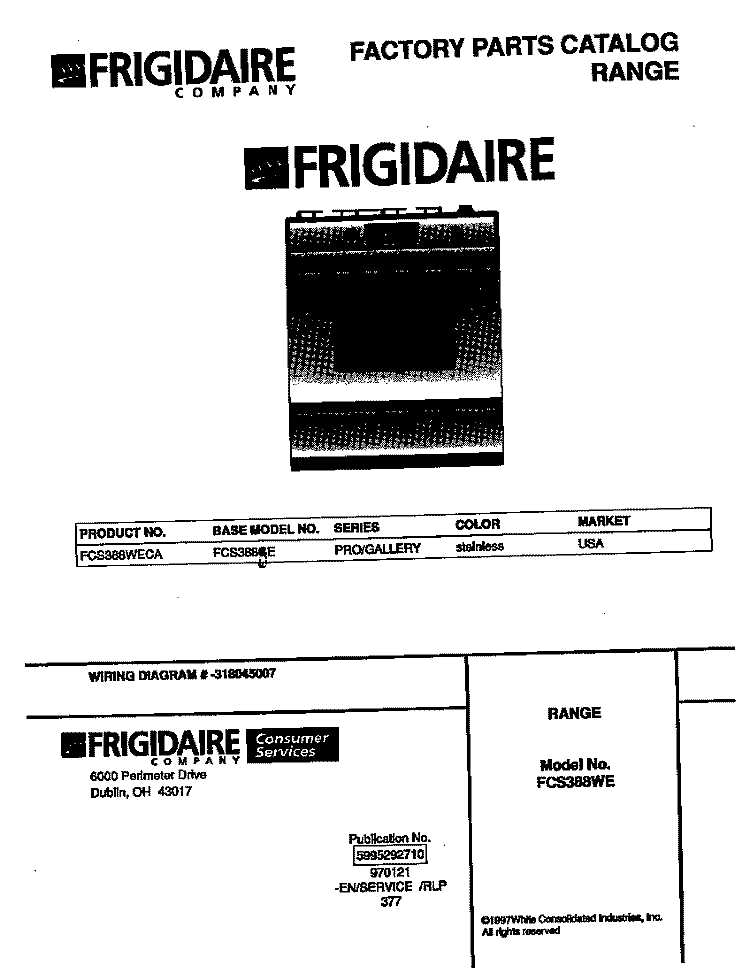 COVER Diagram and Parts List for FCS388WECA  Frigidaire Range