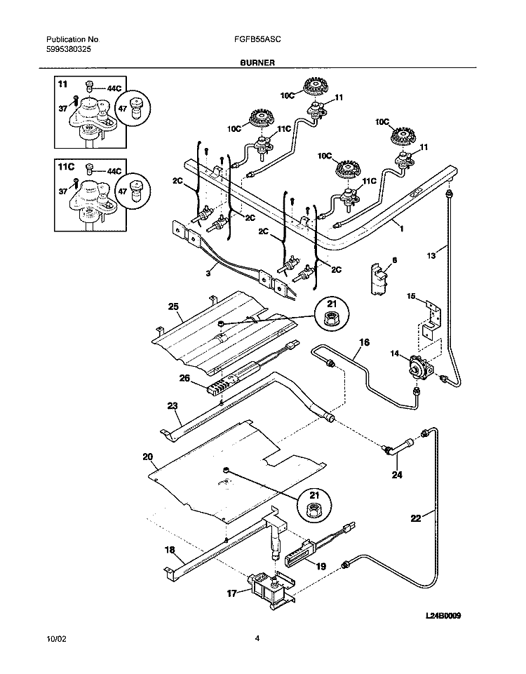 BURNER Diagram and Parts List for FGFB55ASC  Frigidaire Range
