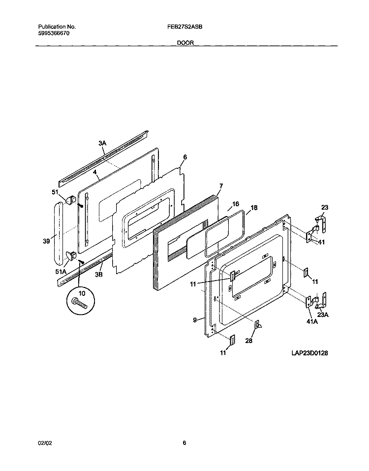 DOOR Diagram and Parts List for FEB27S2ASB  Frigidaire Wall Oven