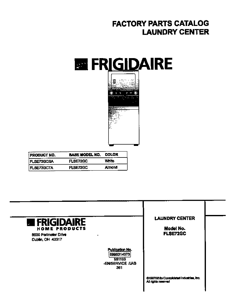 COVER Diagram and Parts List for FLSE72GCSA  Frigidaire Washer Dryer Combo