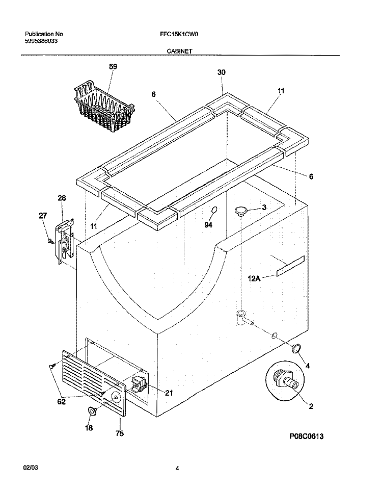 CABINET Diagram and Parts List for FFC15K1CW0  Frigidaire Freezer