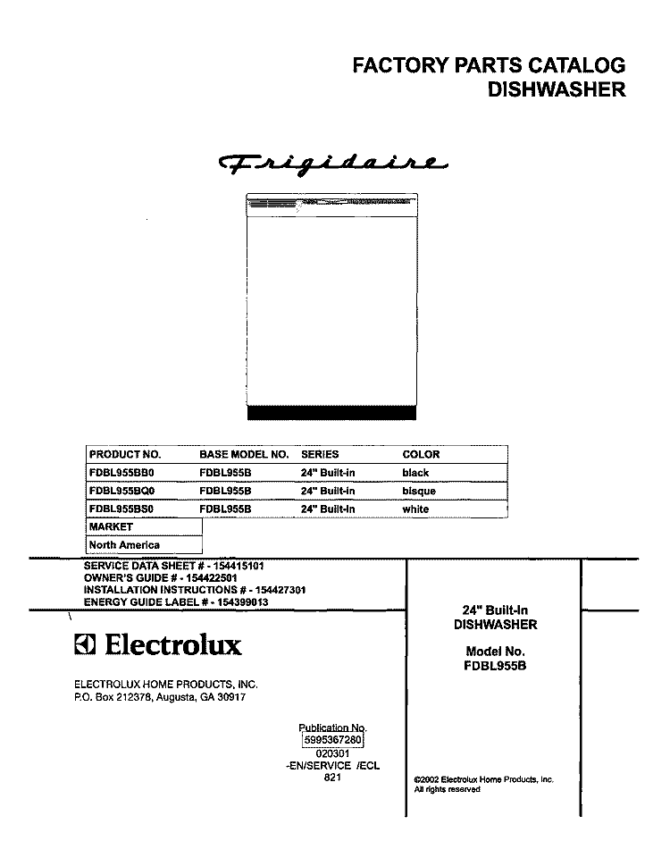 COVER Diagram and Parts List for FDBL955BS0  Frigidaire Dishwasher