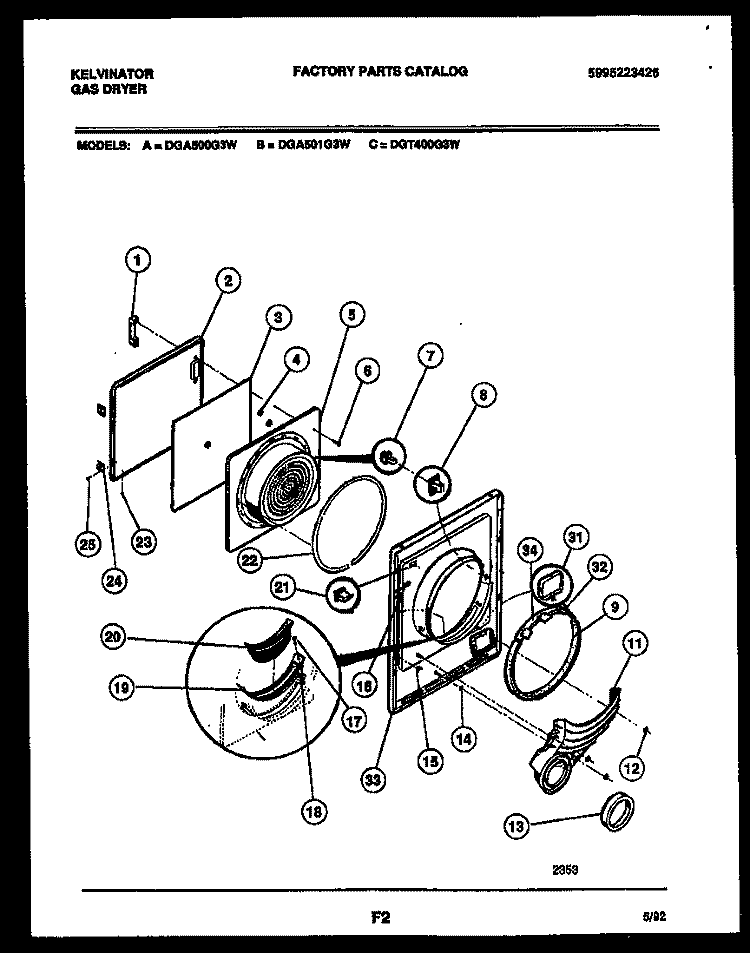 DOOR PARTS Diagram and Parts List for DGA500G3D  Kelvinator Dryer