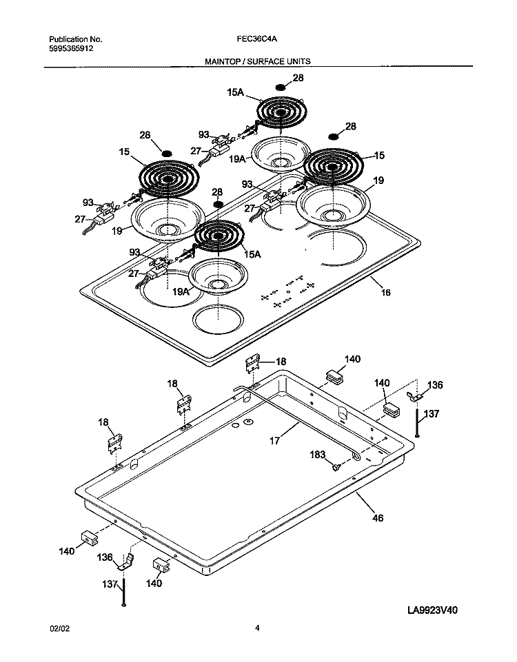 MAIN TOP Diagram and Parts List for FEC36C4ASB  Frigidaire Cooktop