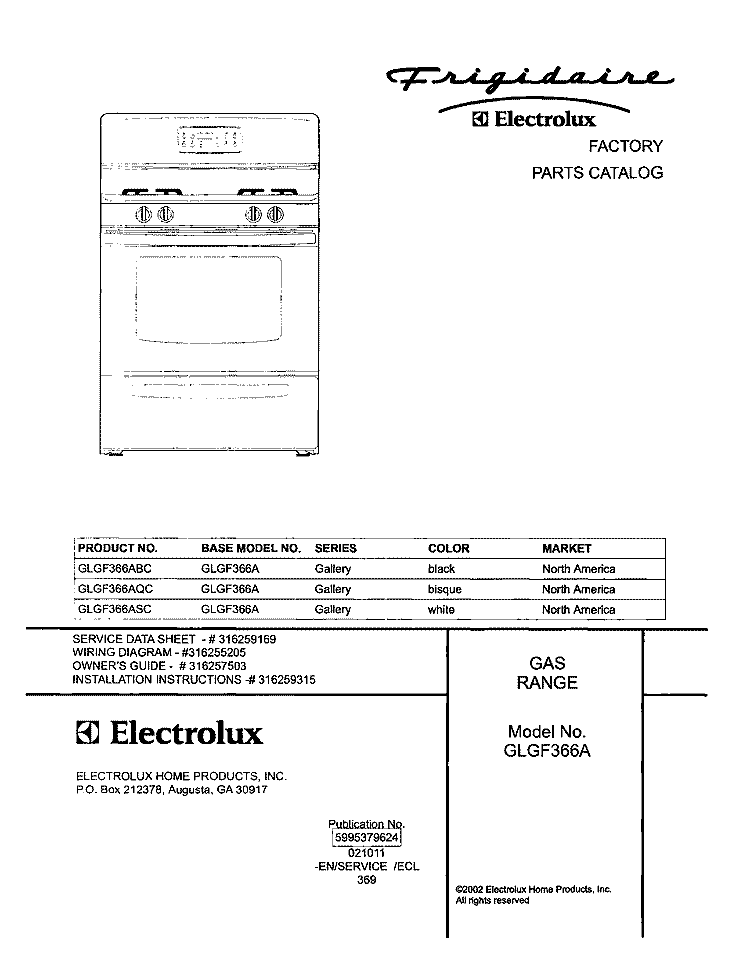 COVER Diagram and Parts List for GLGF366AQC  Frigidaire Range