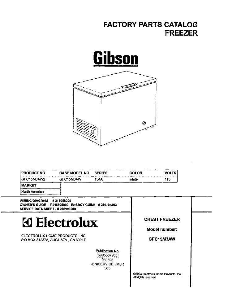 COVER Diagram and Parts List for GFC15M3AW2  Gibson Freezer