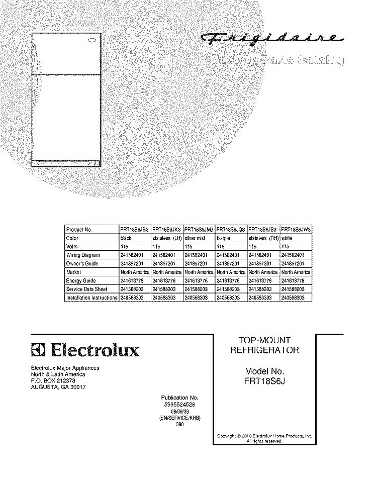 COVER Diagram and Parts List for FRT18S6JM3  Frigidaire Refrigerator