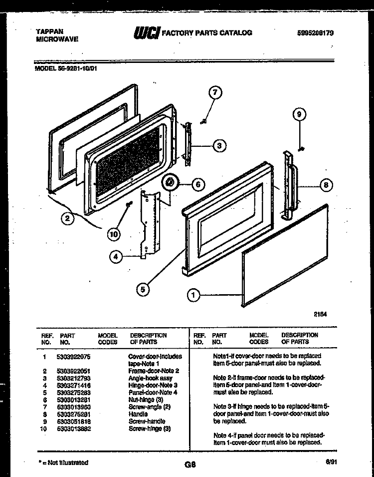 DOOR PARTS Diagram and Parts List for 56-9281-10-01  Tappan Microwave