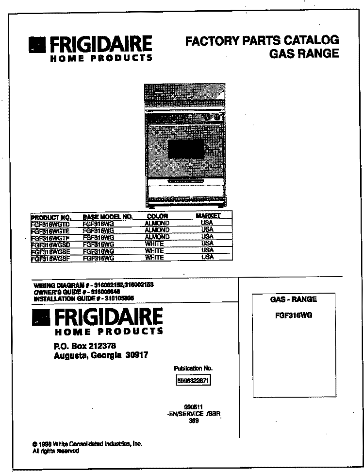 COVER Diagram and Parts List for FGF316WGTE  Frigidaire Range