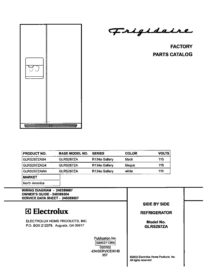 COVER Diagram and Parts List for GLRS267ZAW4  Frigidaire Refrigerator