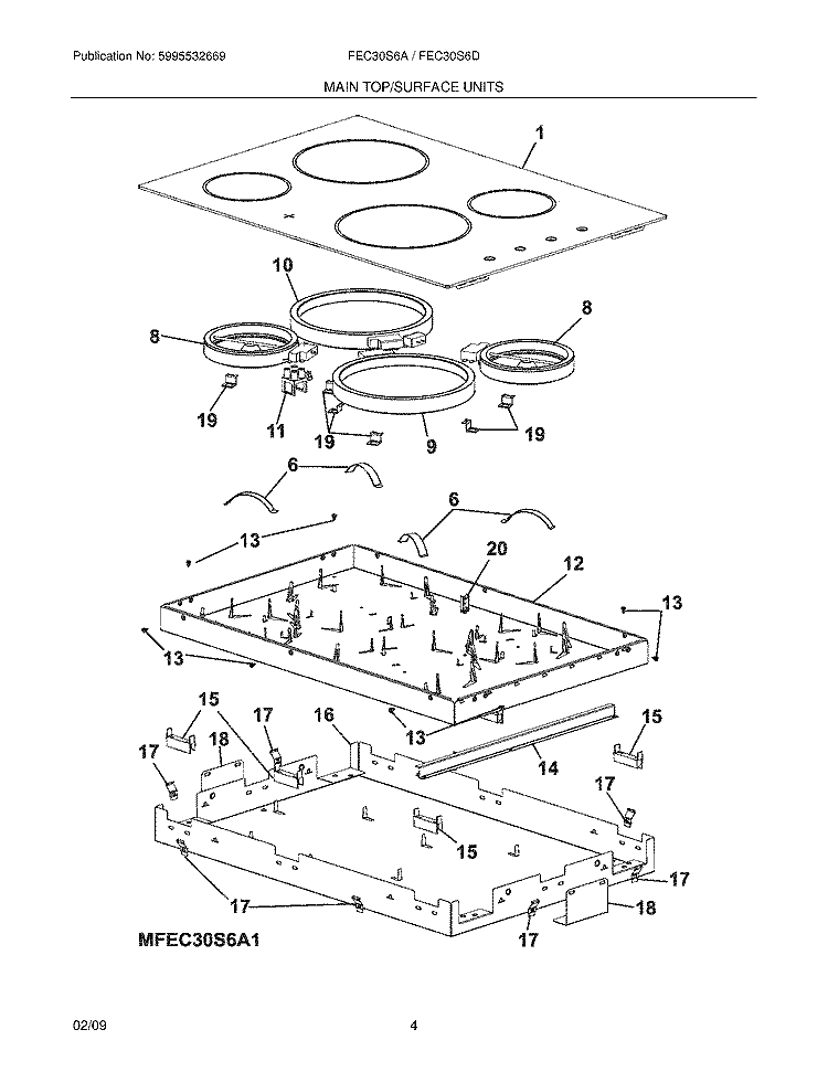 MAINTOP Diagram and Parts List for FEC30S6DQ1  Frigidaire Cooktop