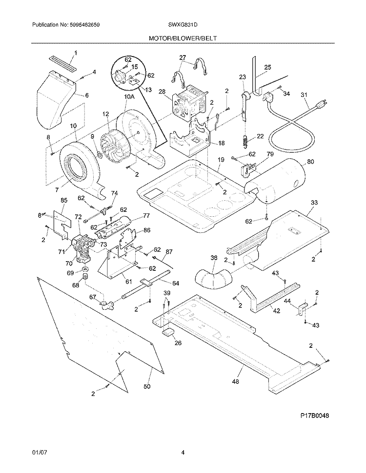 MOTOR / BLOWER / BELT Diagram and Parts List for SWXG831DS1  Westinghouse Washer Dryer Combo