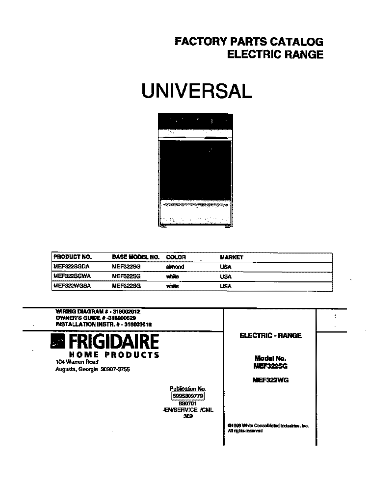 COVER Diagram and Parts List for MEF322WGSA  Tappan Range