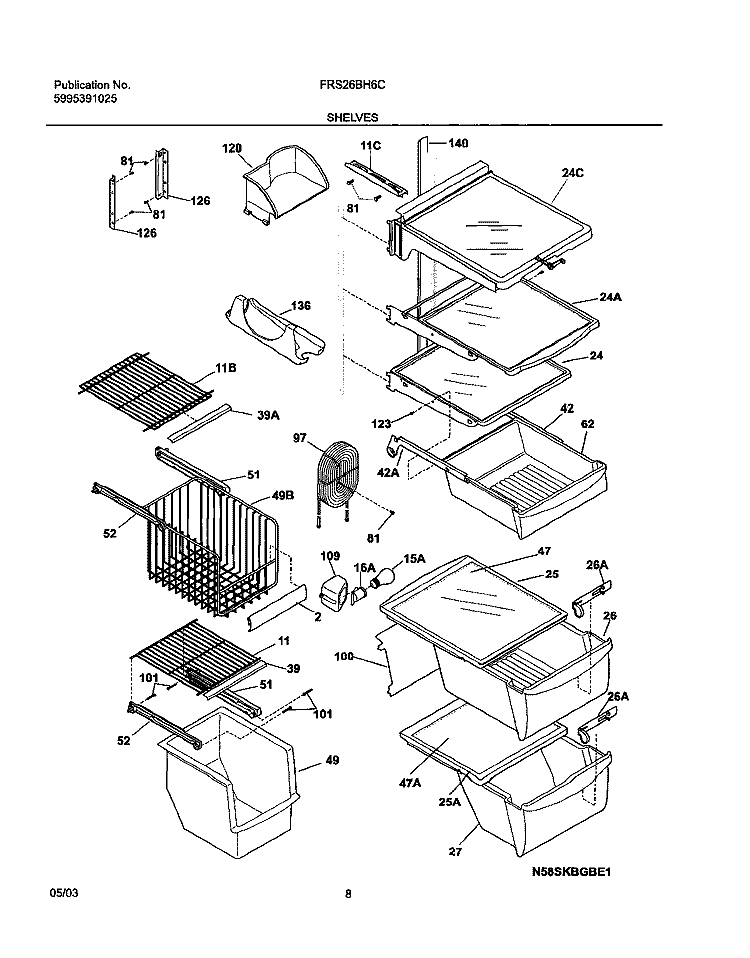 SHELVES Diagram and Parts List for FRS26BH6CS1  Frigidaire Refrigerator
