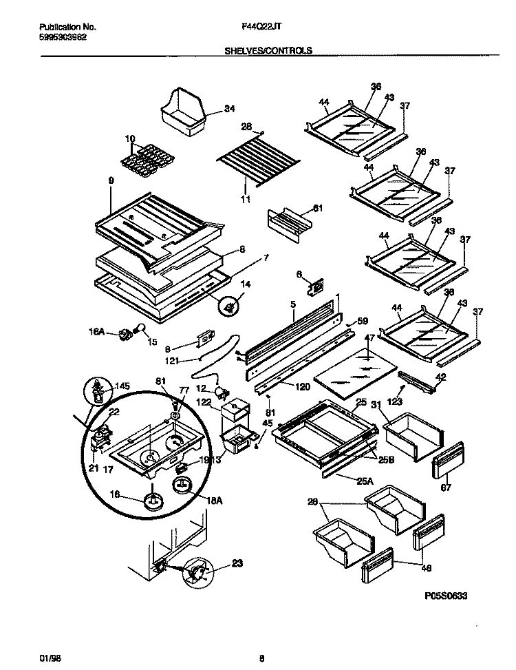SHELVES / CONTROLS Diagram and Parts List for F44Q22JTW0  Frigidaire Refrigerator
